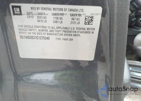 2012 Chevrolet Impala Lt z USA, uszkodzony, nr VIN 2G1WG5E31C1275948